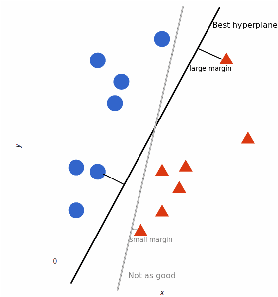 SVM assigns a hyperplane that best separates the tags or red and blue shapes