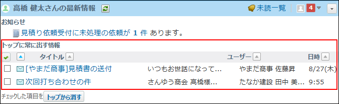 メールが最新情報パーツに表示された画像