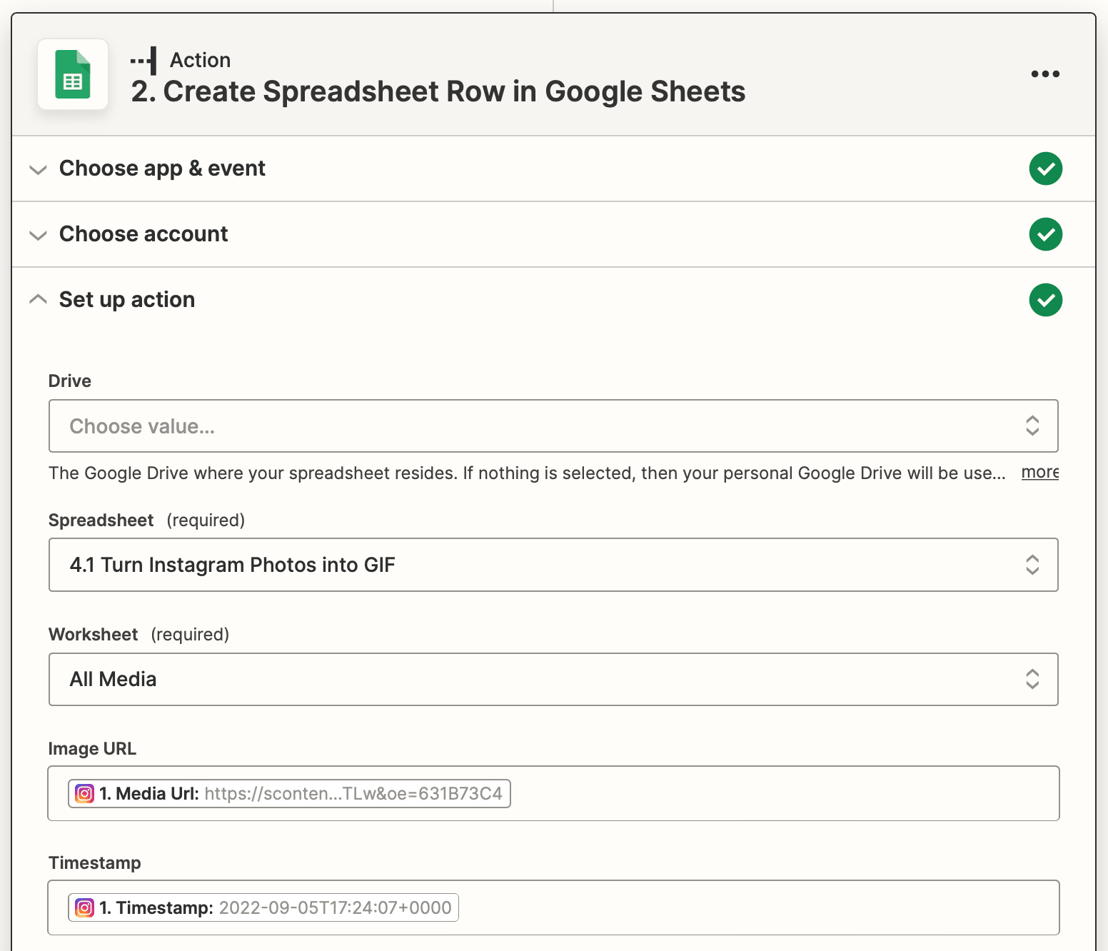 Screenshot of Zapier Google Sheets create spreadsheet row action setup