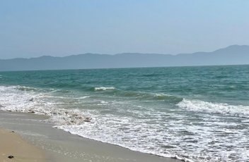 Vista da praia de Jurerê com curta faixa de areia a esquerda e mar a direita pegando até o horizonte