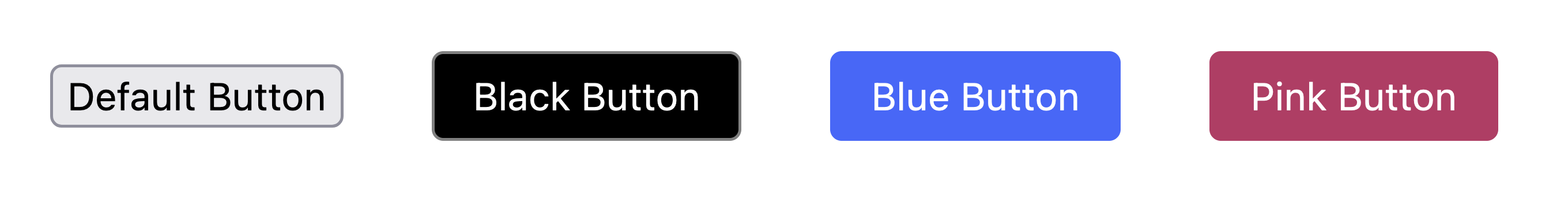 The four buttons. From left to right: the native unstyled button. It has a white background and a grey border in most browsers. A black button with a grey border. A blue button. And a deepPink button.