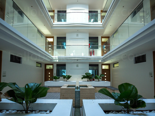 Atrium lobby featuring multi-story view of upper floors and plant features in square white pots  Zoom background