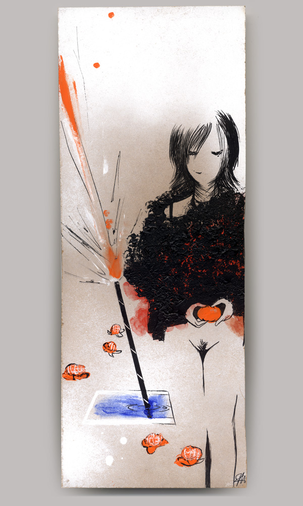 An acrylic painting on wood panel, titled 'Love Collage', of a pantless woman in a fuzzy, black sweater peeling a mandarin orange with other peeled oranges around her. A superimposed image of a photograph of water has a roman candle coming out of it firing off.