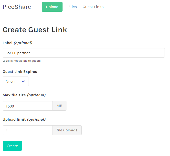 Screenshot of PicoShare's screen for creating a guest link