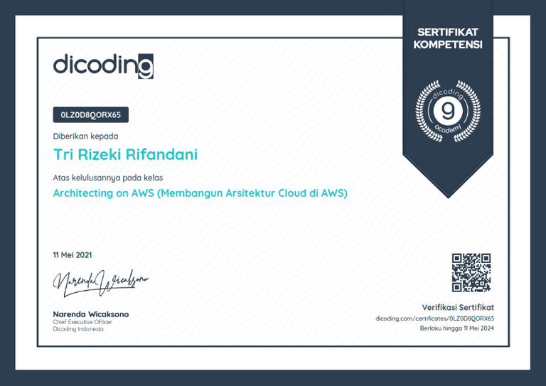 Architecting on AWS (Membangun Arsitektur Cloud di AWS) Certificate by Rifandani