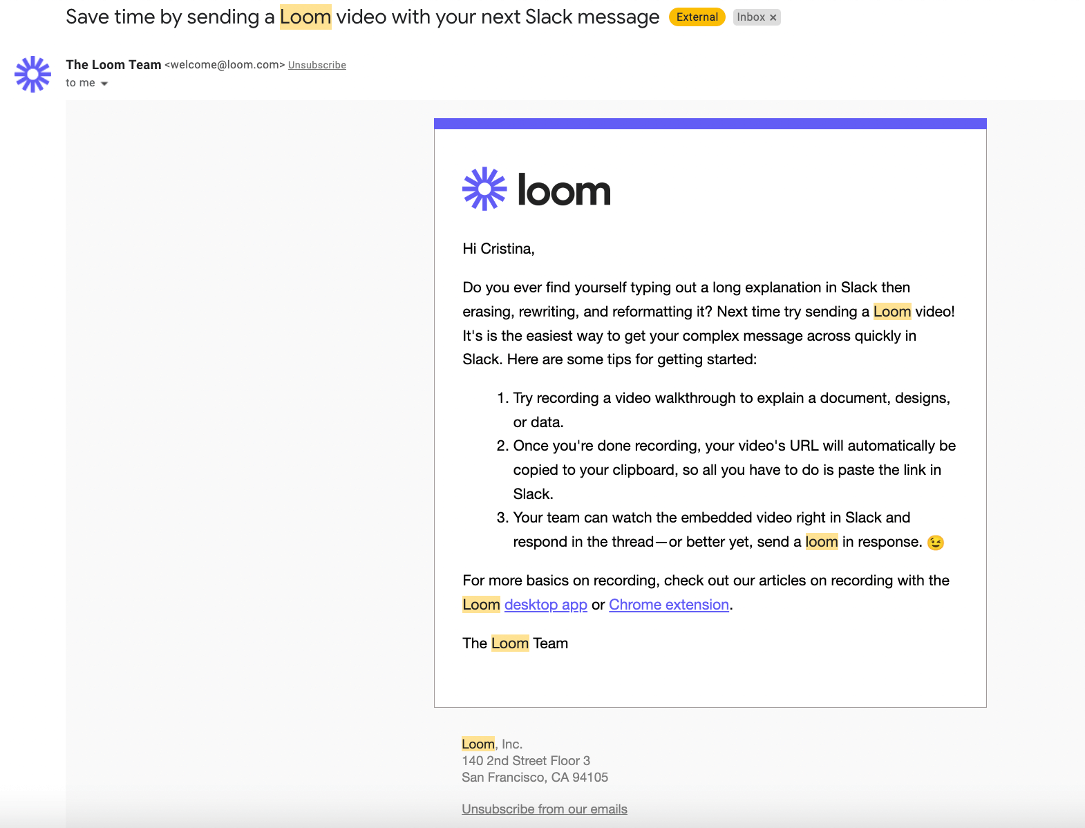 SaaS Welcome Email: Welcome email from Loom