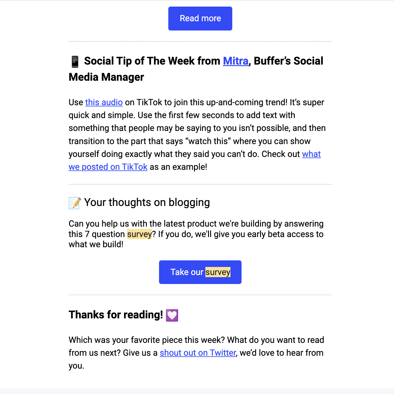 Survey Email Examples: Screenshot of Buffer's survey email