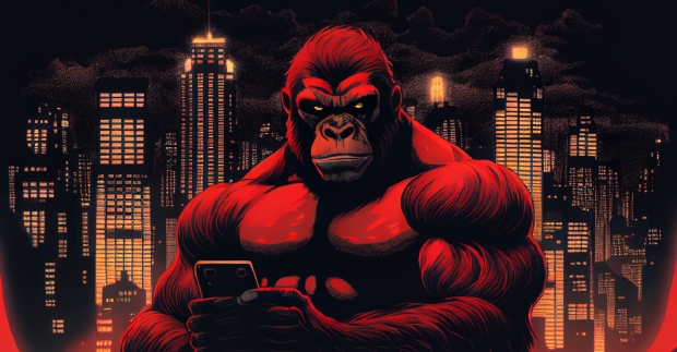 Red ape with determined look on face holding a smartphone with a lit cityscape in the background.