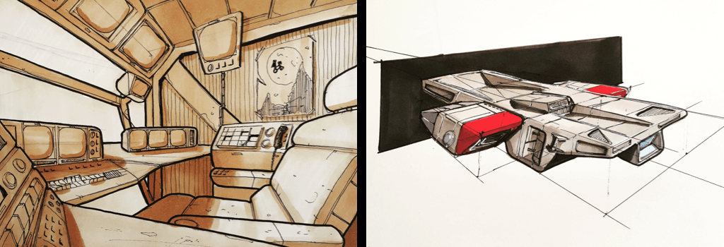 Two examples of Fabien Daubet's work. On the left an orange interior, like a command center with many monitors and a central chair looking out a window. On the right, a drawing of a gray spaceship with red accents.