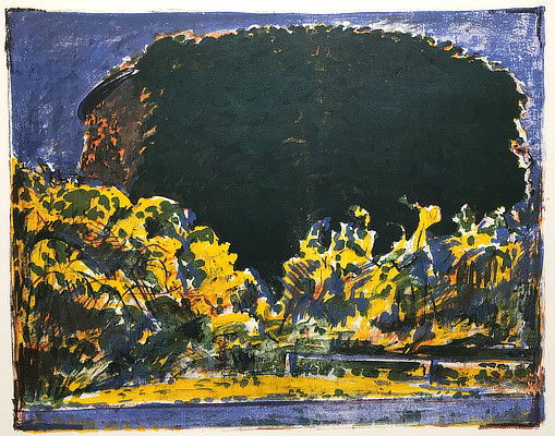 colourful lithograph of a Martello Tower behind foliage