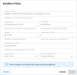 A screenshot showing the Sandbox Policy modal dialog