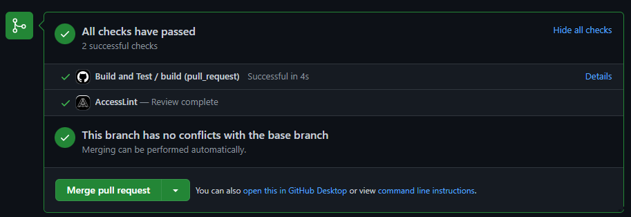 Status section from a GitHub Pull request that says "All checks have passed"