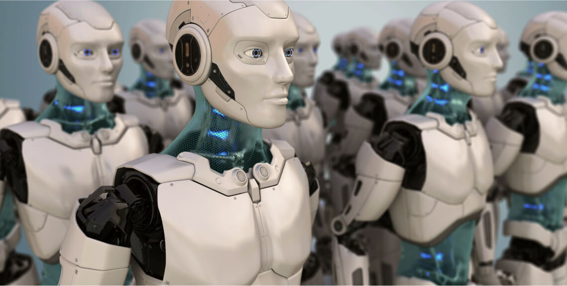 Rows of humanoid robots