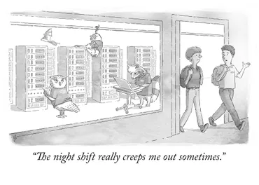 A cartoon-style illustration. Two people are having a conversation on their way out of a server room - which is full of night time animals working for Equinix. The caption reads: The night shift really creeps me out sometimes.