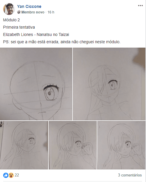 Depoimento dos alunos sobre o curso com um desenho do Deidara
