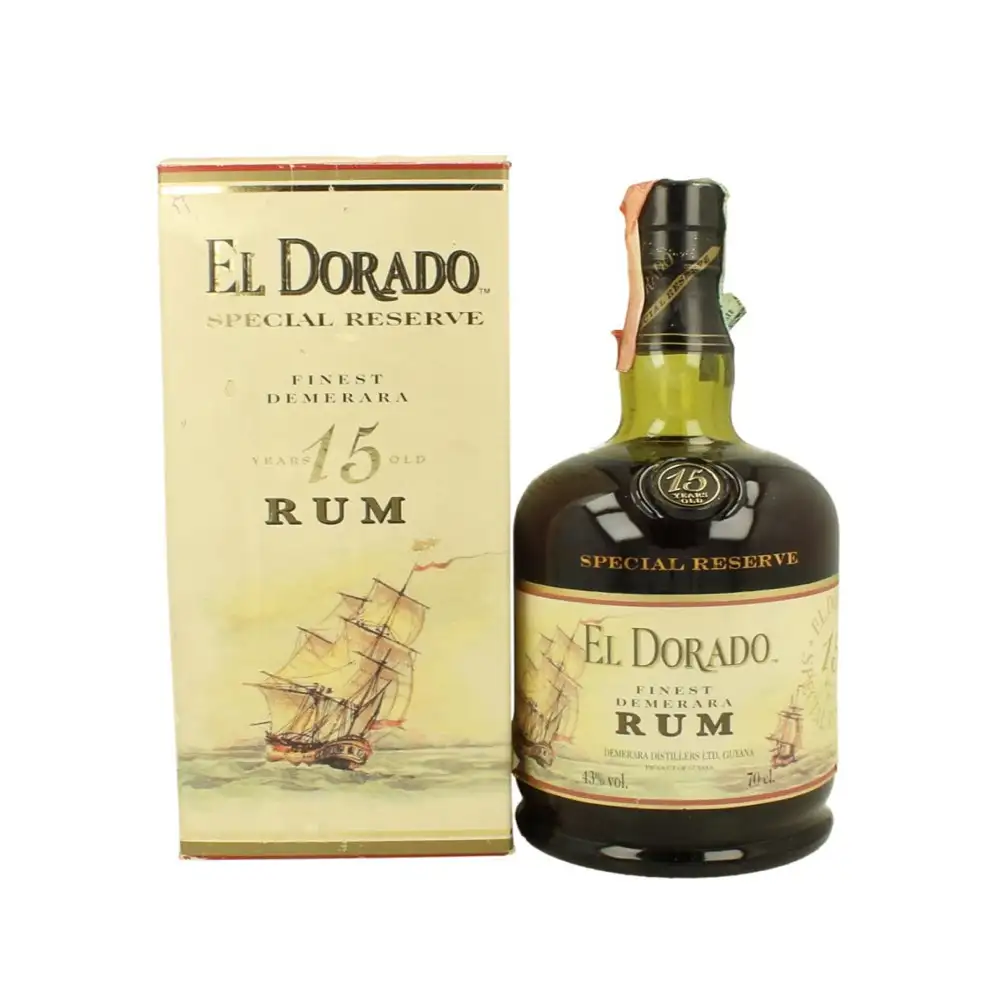 Image of the front of the bottle of the rum El Dorado 15 Vintage