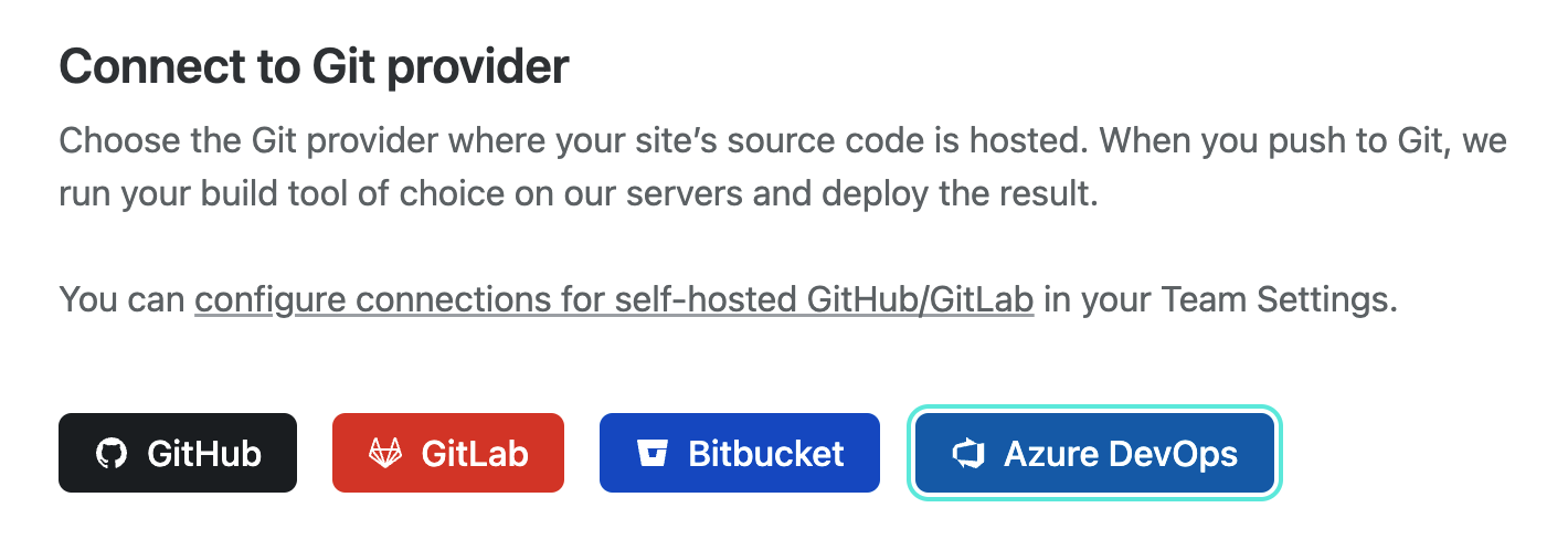 Connect to Git provider buttons with options for Github, Gitlab, Bitbucket, and Azure DevOps