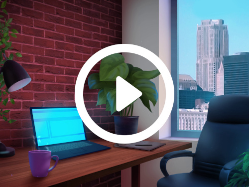 Modern office with exposed brick wall, several plants, steaming mug of coffee, and a sunny view of office buildings and skyscrapers. Google Meet background