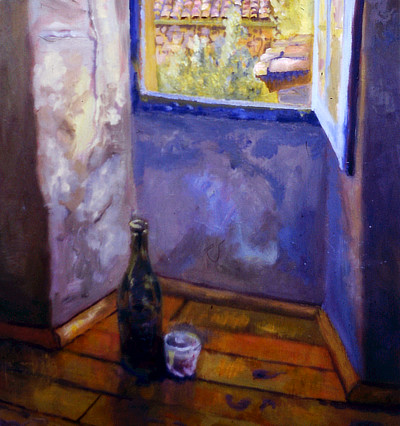 expressive painting of bottle and glass in a dim interior with bright window framing a landscape