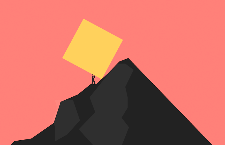 a person pushing a very large block up a mountain