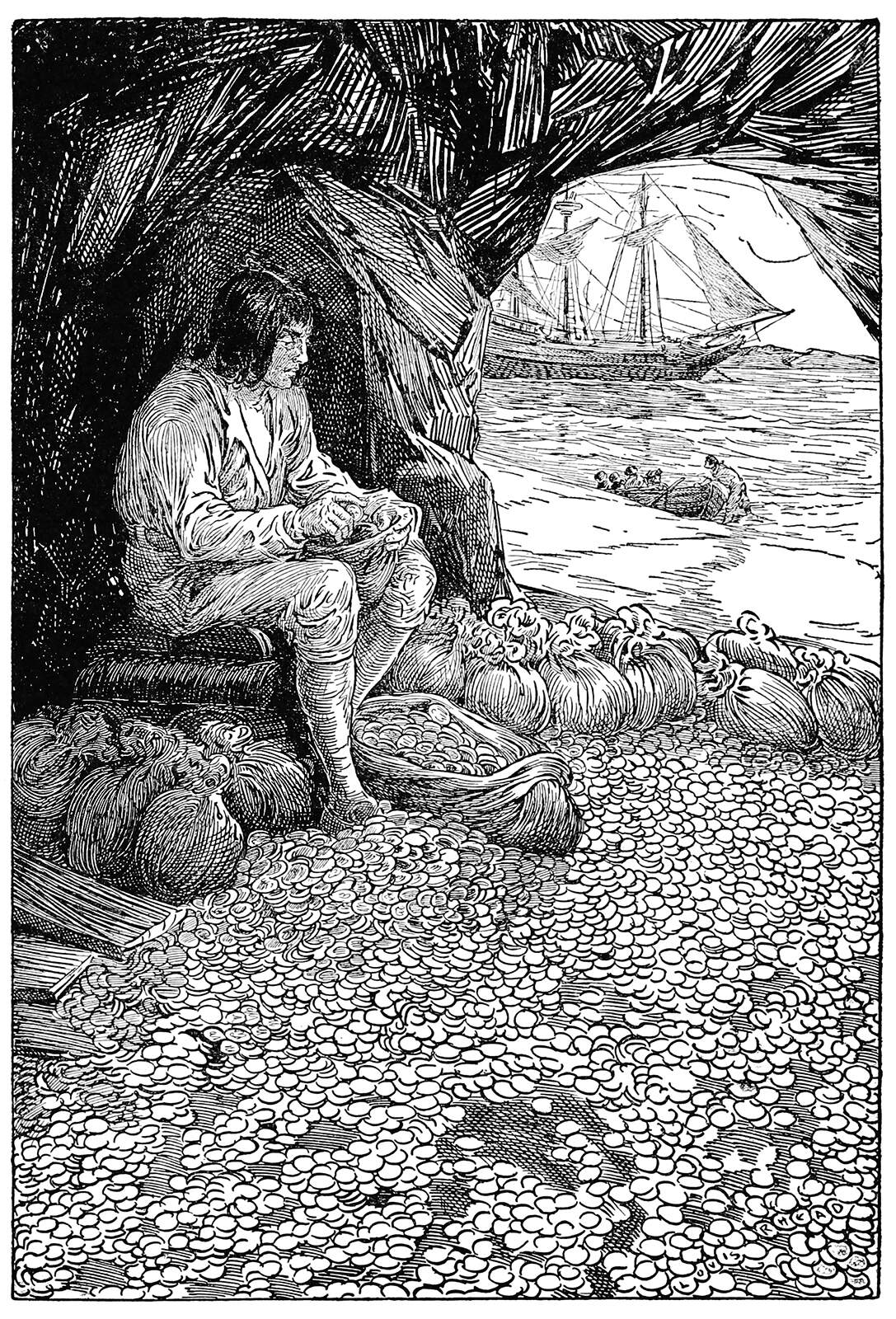 A man sits in a cave surrounded by coins