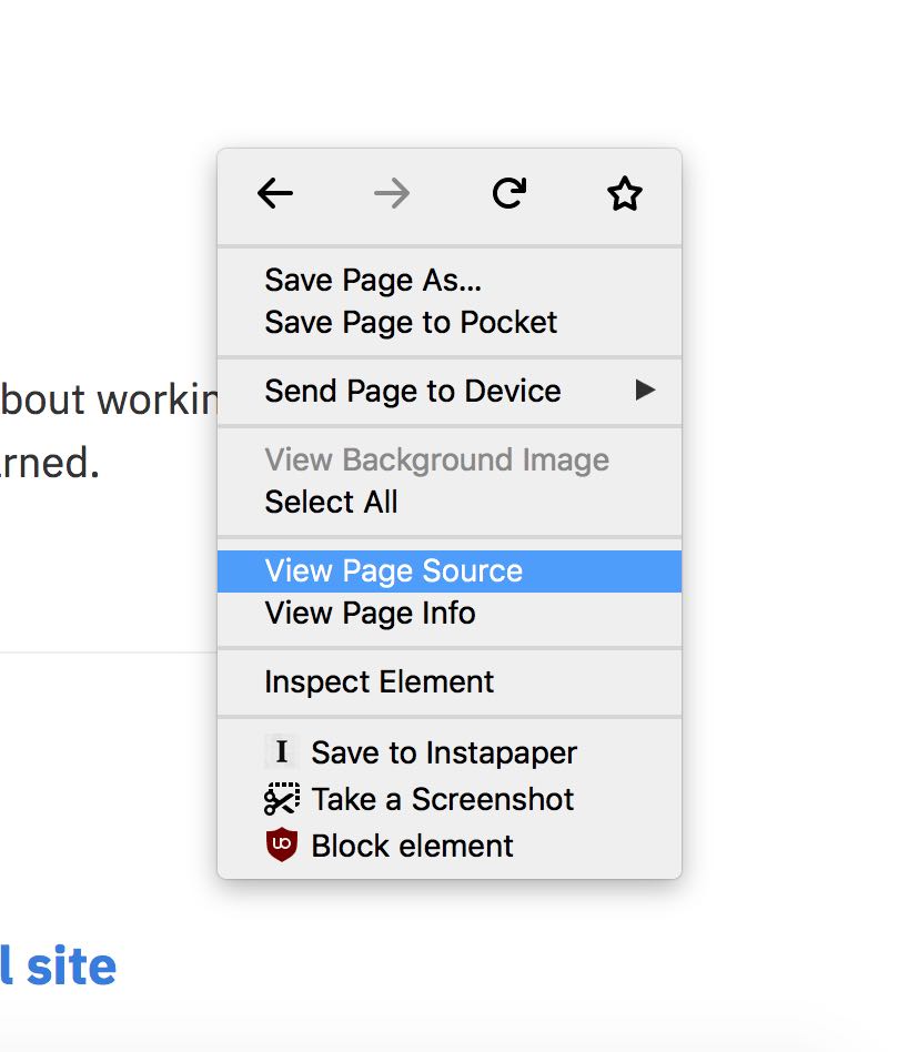 The Firefox right-click menu in OS X with View Source highlighted