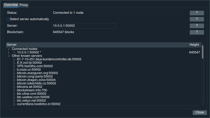 Electrum wallet network connection window.