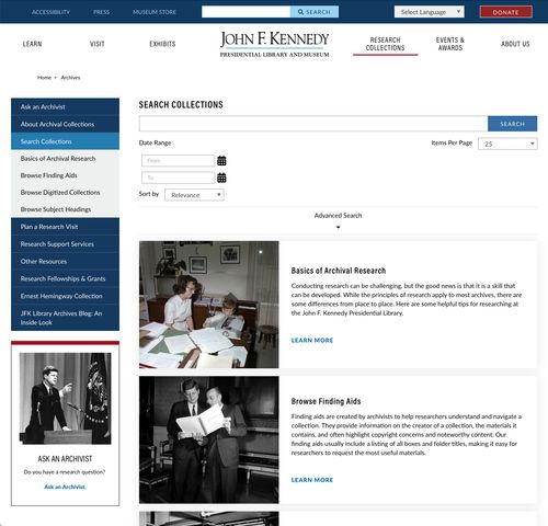 Screenshot of JFK website