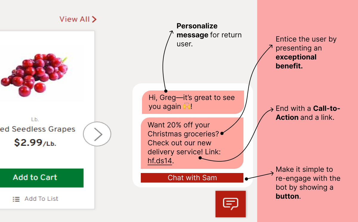 Text: Hi, Greg—it’s great to see you again! New line: Want 20% off your Christmas groceries? Check out our new delivery service! Link: hf.ds14.