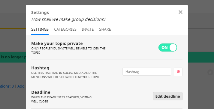 A screenshot of some of the topic settings, including making your discussion private.