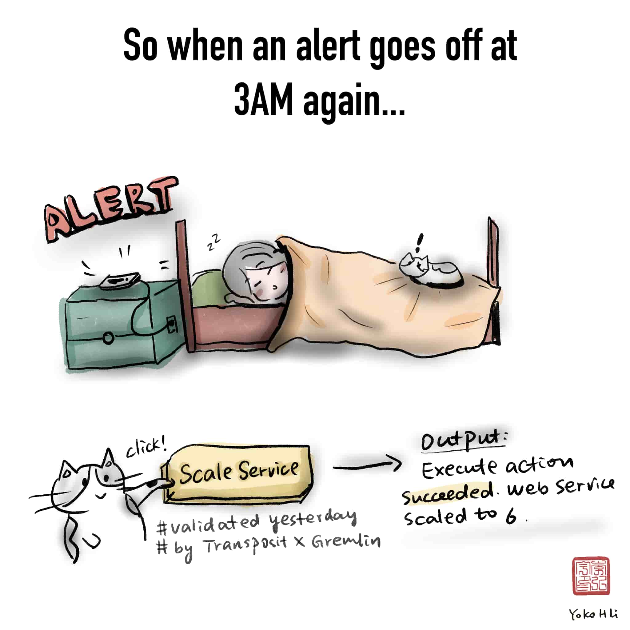 Comic: So when an alert goes off at 3AM again... Image: Cat following validated runbook to scale service