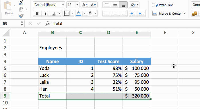a excel table with a differently formatted total row