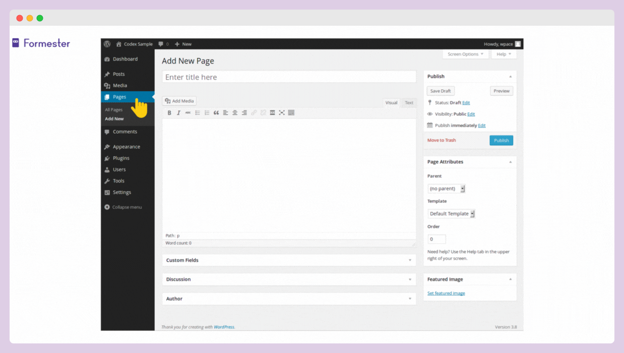 Click Pages and select Add New on the WordPress dashboard of your website