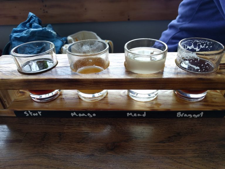 Burnt Timber Brewing flight with beer and mead