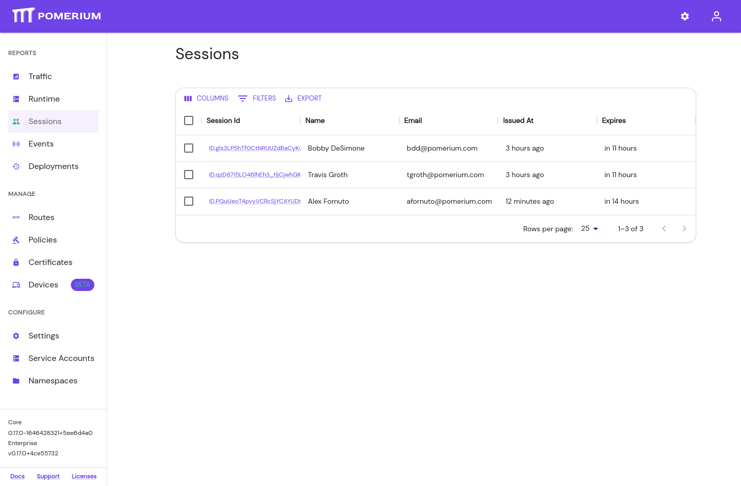 The Sessions page in Pomerium Enterprise