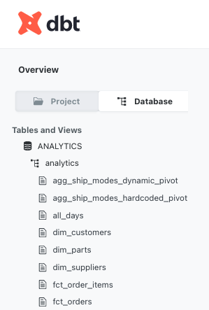 A screenshot depicting the dbt Cloud IDE menu&#39;s Database view which shows you the output of your data models. Next to this view, is the Project view.