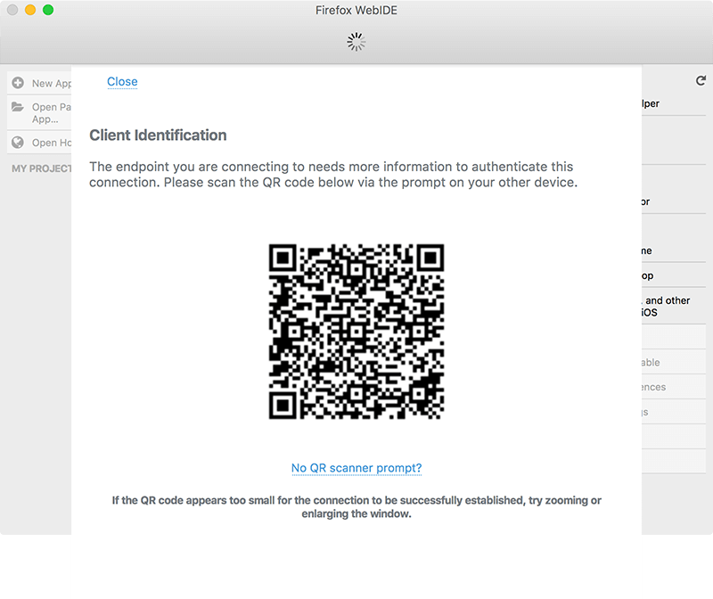 คลิกเลือกที่ชื่อ device ในครั้งแรก WebIDE จะแสดงรูป QR Code ขึ้นมา