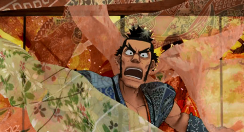 A screenshot from the anime film 'Short Peace' of a traditional Japanese merchant being attacked by kimonos.