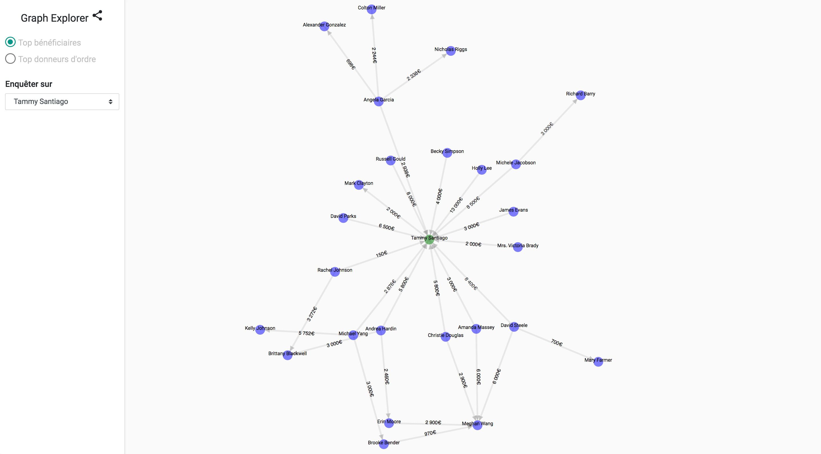 Une capture d'écran qui montre un point central vert duquel partent des traits qui aboutissent à des points bleus. A partir de ces points bleus, d'autres traits mènent à d'autres points bleus. En haut à gauche, un menu très simple indique les "tops bénéficiaires" et les "tops donneurs d'ordre"