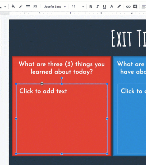 Animated gif showing a person deleting a text box, clicking the Layout menu, and choosing the thumbnail of the current exit ticket. The text box re-appears where it was at the beginning.