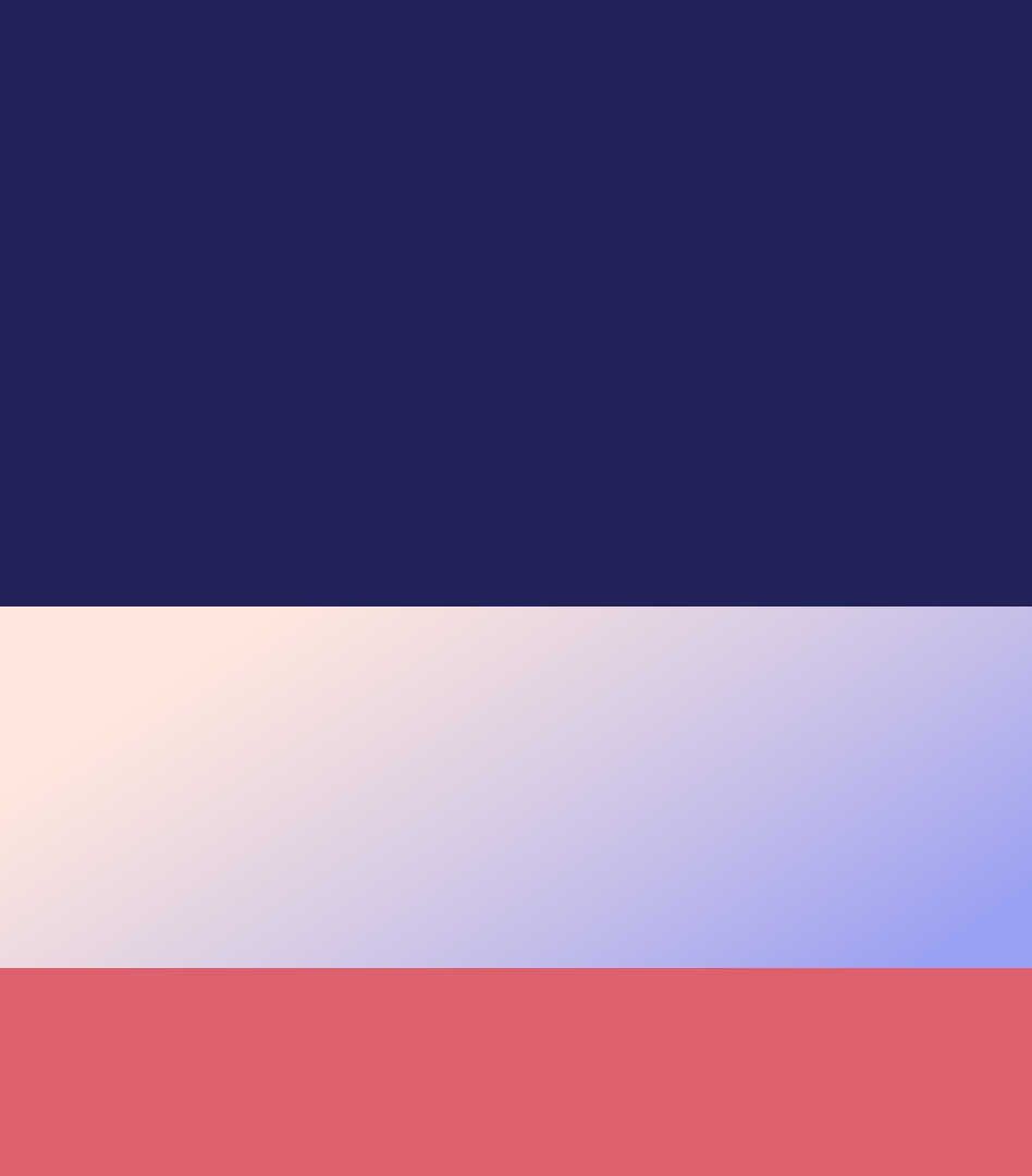 Color blocks in deep blue, a soft orange-to-blue gradient, and bright purplish red.