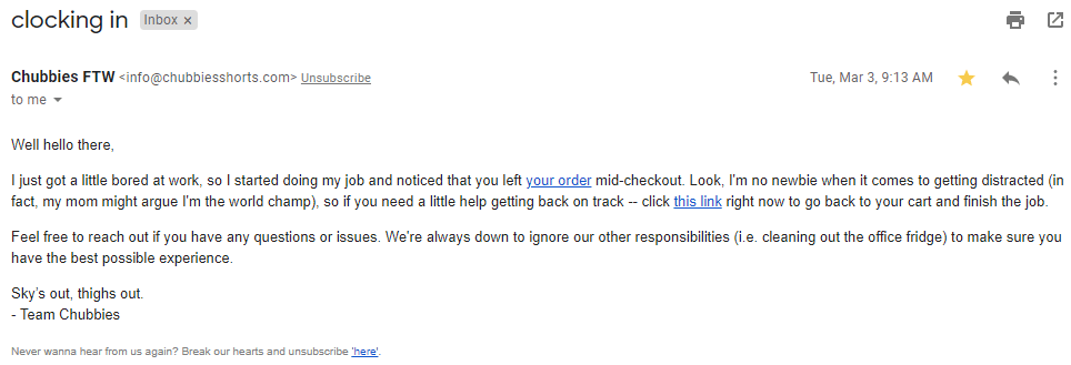 Chubbies abandoned cart email