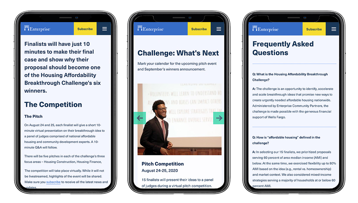 Enterprise about the competition, what's next, and FAQ pages displayed on 3 mobile devices side by side.
