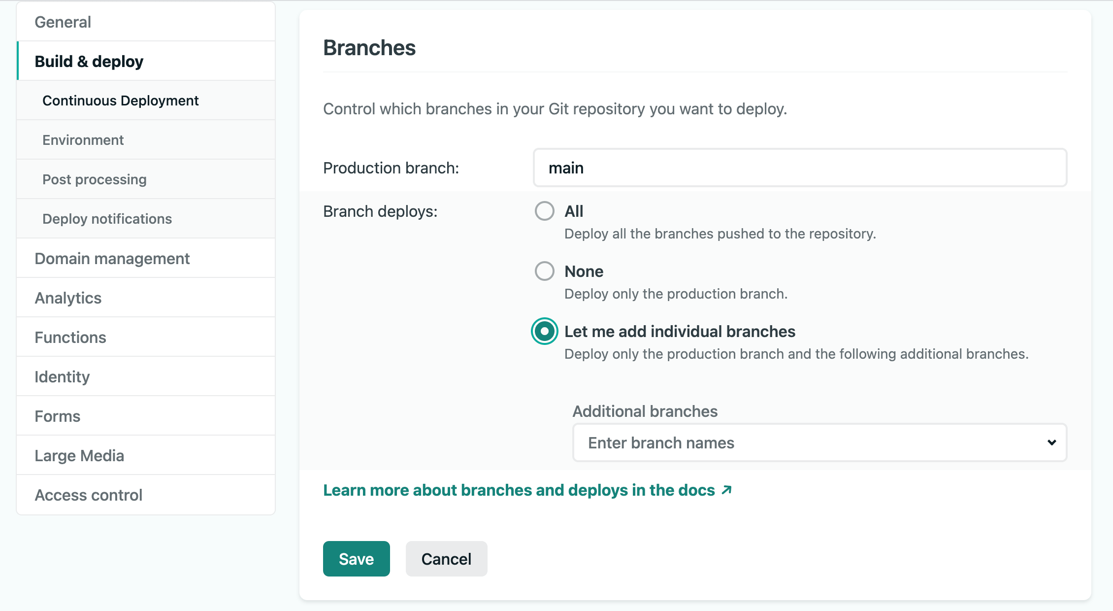 Configuring which branches get deployed in the Netlify Admin