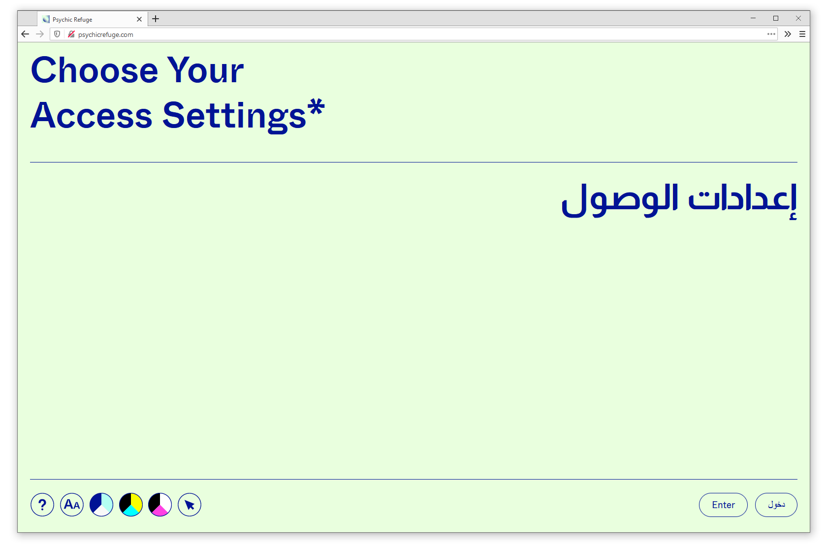 Browser window shows access settings page on psychicrefuge.com. Blue text on mint background reads 'Choose your Access Settings' in English and Arabic. Buttons to change fonts, colours, and display language are visible at the bottom of the screen.