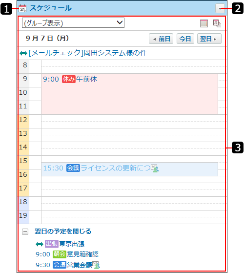 スケジュール(日表示)パーツを説明している番号付き画像