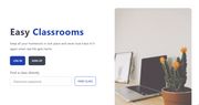 The landing page for Easy Classrooms, displaying an input field to look for a classroom anonymously, and the login and signup buttons