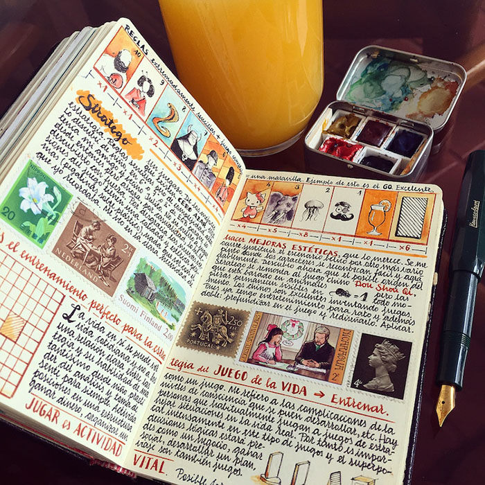 hand-colored travel journal pages