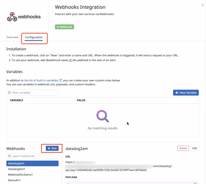 Create a new webhook in Datadog.