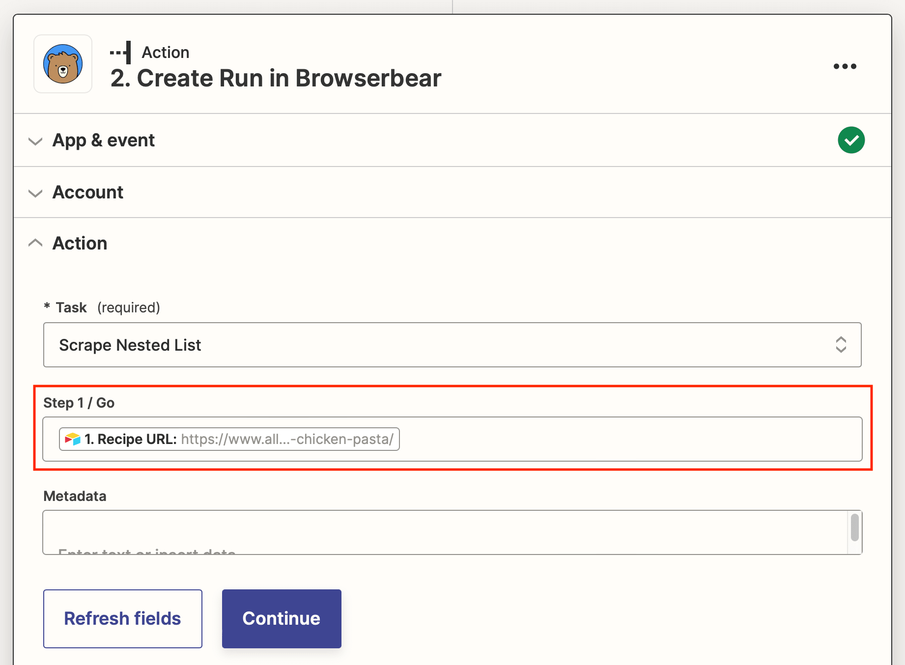 Screenshot of Zapier Browserbear create run action setup